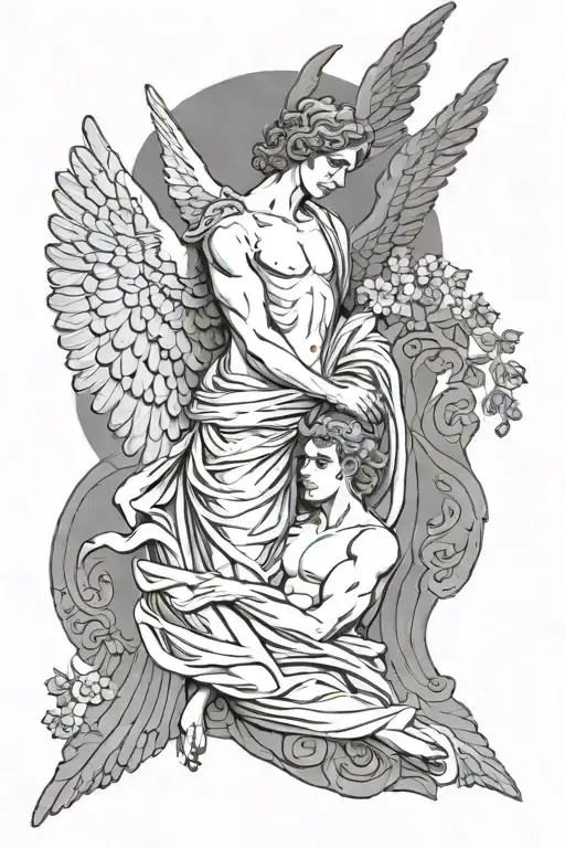 Angel And Man In Greek Style Realism And Graphics Arrangement