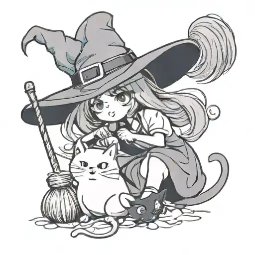 Witch With Her Broom And Her Cat In Kawaii Manga Mode