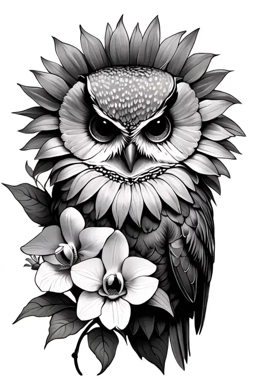 Sunflower And Orchids With A Owl Perched