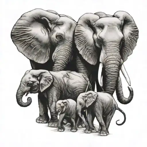 2 Parent And 3 Baby Elephants Holding Trunks