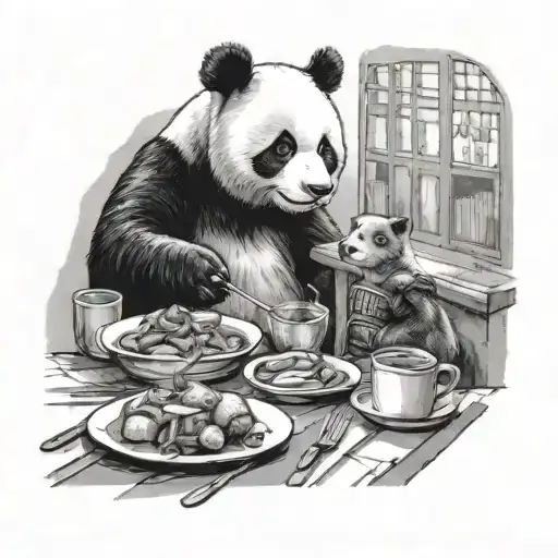 A Playful Scene Of A Panda And A Bear Sharing A Meal Together In A Cozy Restaurant Setting