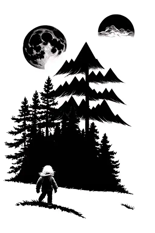 Child In The Forest Walking Toward The Mountains With Moon Over Them