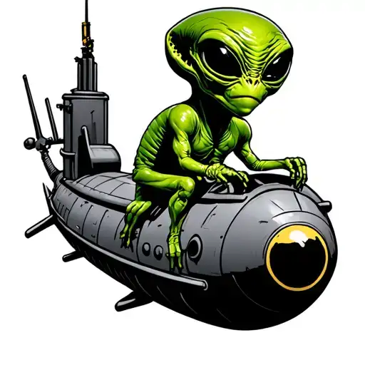 Green Alien Riding Submarine