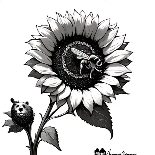 Sunflower With Honeybee In The Center With Bearcub Climbing The Stem
