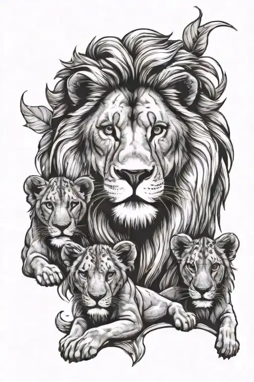 Lion Mother With 3 Kids Easy Outlines