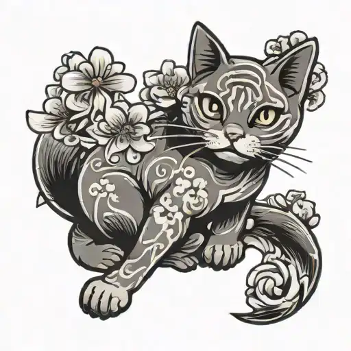 Cartoon Japanese Cat With Sakura Flowers Wrapped