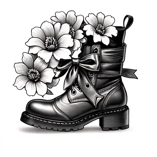 A Fine Line Tattoo That Has A Boot With A Bow Tied On It With These Flowers My Loved Ones Drew