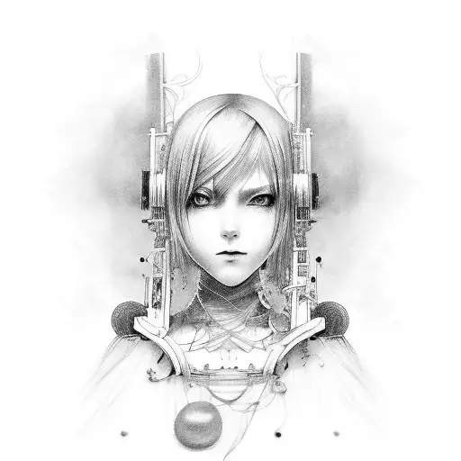 A Hauntingly Beautiful Portrait Of A Character From Nier Surrounded By Musical Instruments