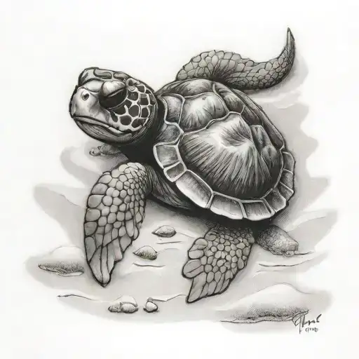 Baby Loggerhead Caretta On The Beach Is Trying To Reach The Water