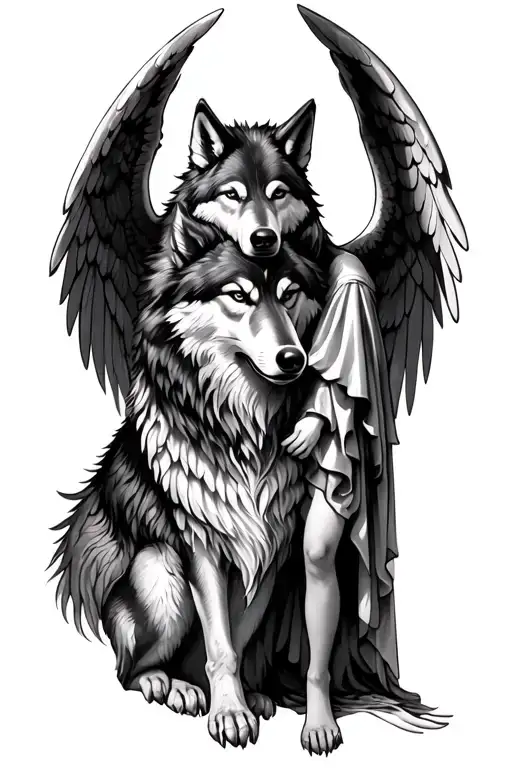 Aggressive Wolf And An Angel With Spread Out