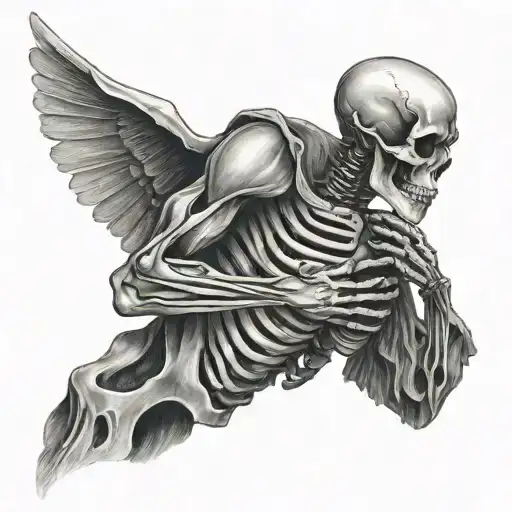 Side Profile Of A Skelton Holding A Mountain In Its Hands With Heart In Its Chest Side