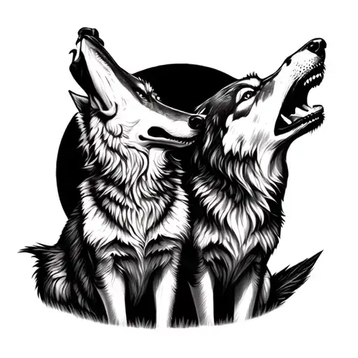 2 Baby Wolf And Dad Wolf Howling At The Moon