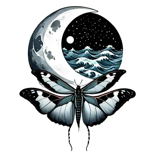 Luna Moth Below Crescent Moon And Waves