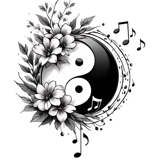 Yin And Yang With Flowers And Music Notes Pouring