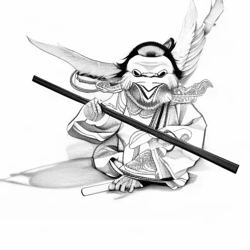 A Black And White Sketch Of A Tengu Playing Traditional Japanese Instruments