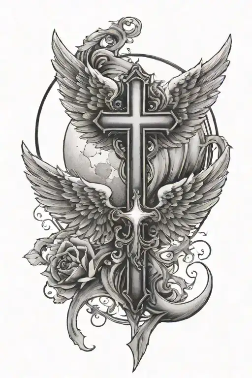 A Cross With Angel Wings And A Moon
