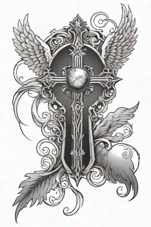 A Cross With Angel Wings And A Moon