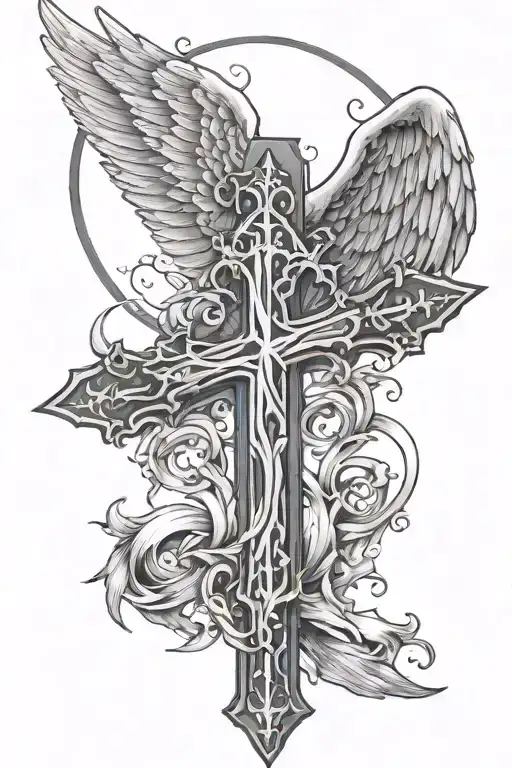 A Hollow Cross With Angel Wings And A Moon