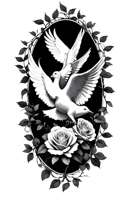 Vertical Roses And Dove With Wings Spread With Vines Surrounding Them