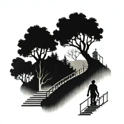 Hills Trees Water Man Walking Up The Stairs