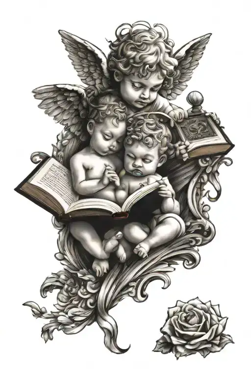 Baby Angel And God Holding Open Book Surrounded