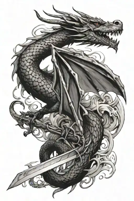 Dragon Flying While Wrapped Around A Sword Going
