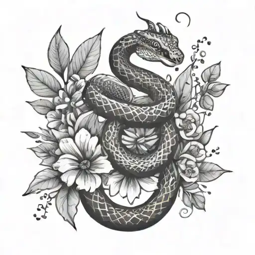 Small Snake In Center Of Back With Flowers Around Hip Area And Upper Back