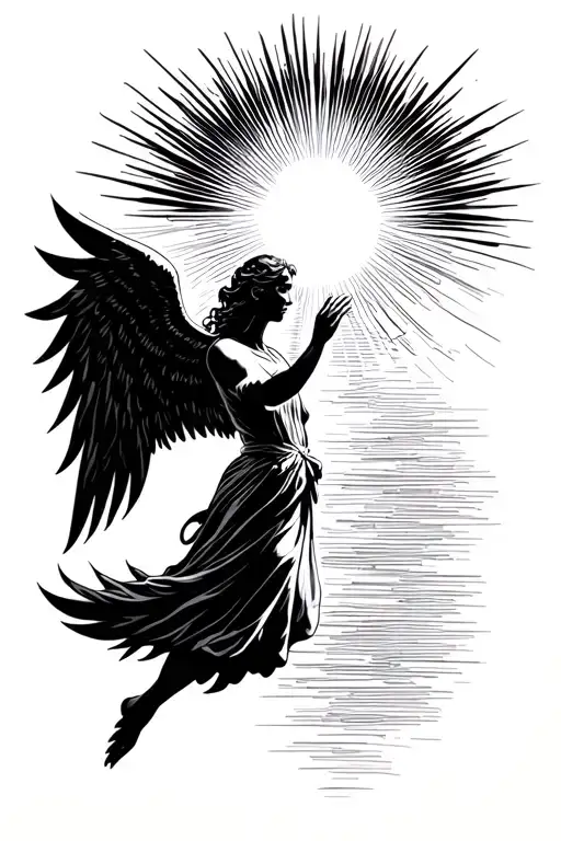 Angel Flying Up And Reaching Towards Shining Sun