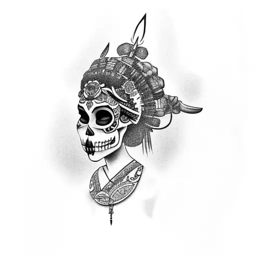Geisha With Mexican Skull And Maori Tatto