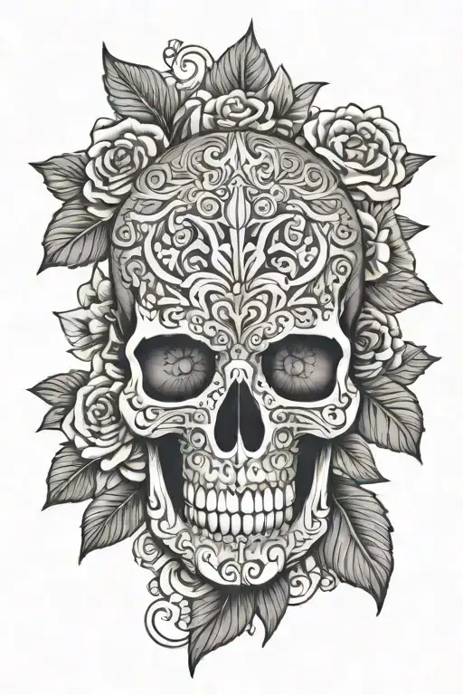 Skull Surrounded By Mandala Design Incorporating With Flowers And Vine Through The Skull