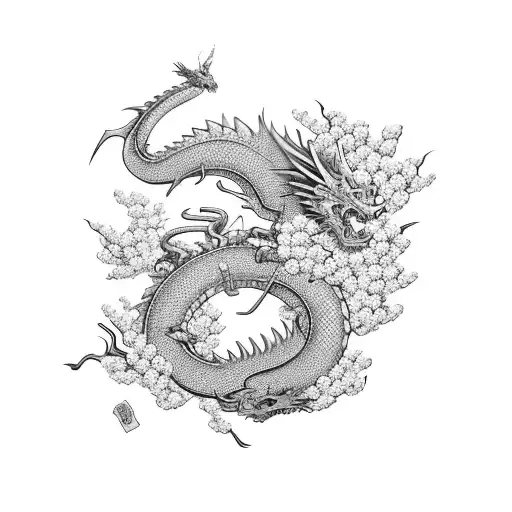 Japanese Cherry Blossom With A Dragon And Torii Gate