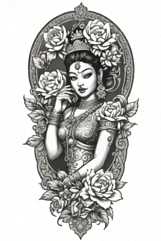 Khmer Apsara With Peonies And Roses