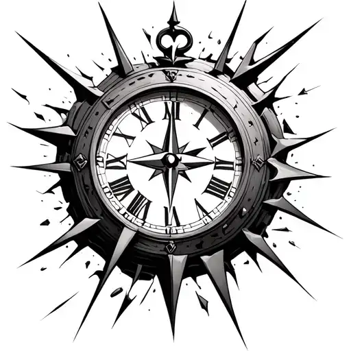A Tattoo Design Of A Clock Shattered Like Glass With Some Of The Shards Being A Compass