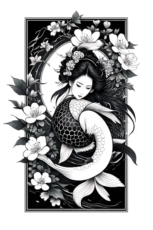 Geisha Samurai Cherry Blossom Koi Fish Swimming