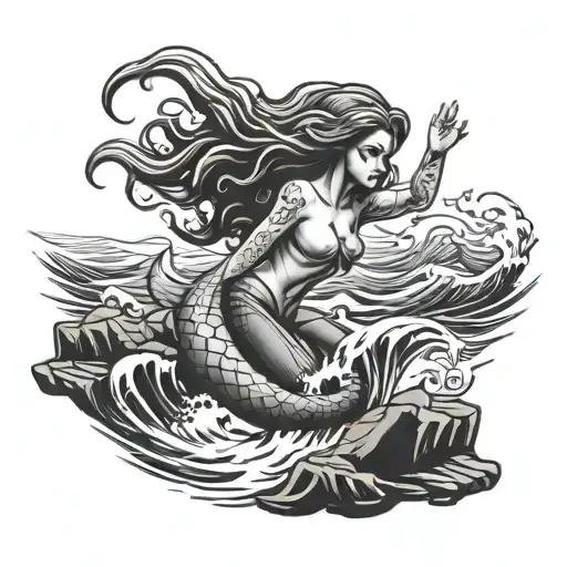 Mermaid On Rock Ocean Waves