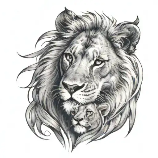 Father Lion And Cub Surrounded