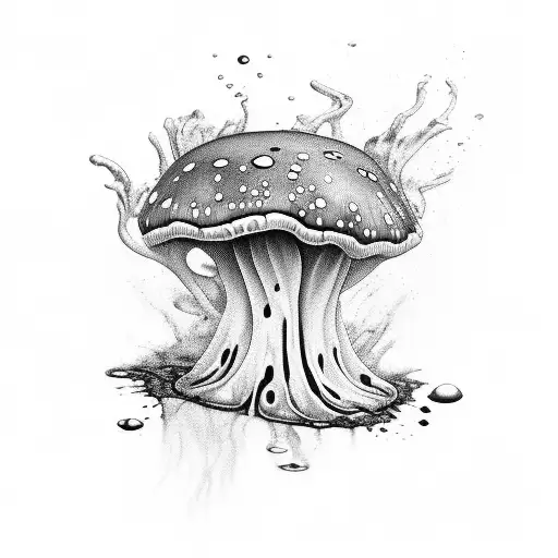 Black And Grey Tattoo Of A Psychedelic Mushroom Melting Into A Colorful Liquid