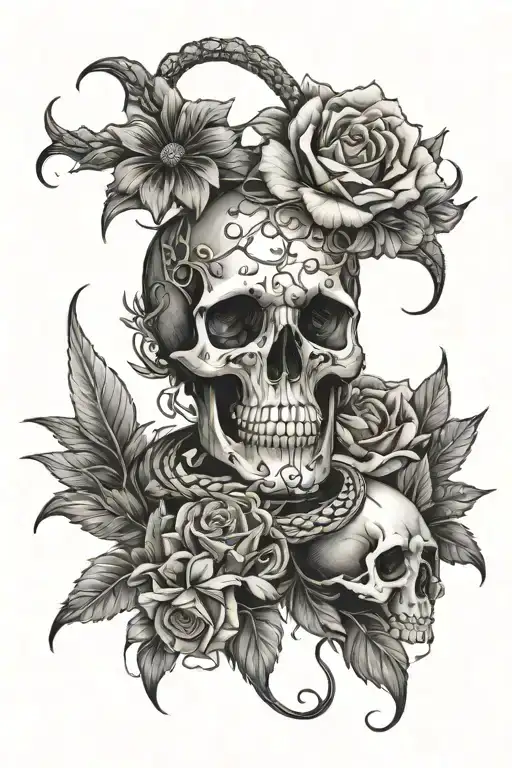 Skull And Snake Skeleton With Flowers