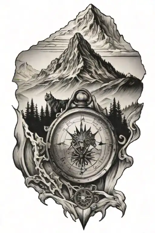 Mountain Peak With Compass And Wolf