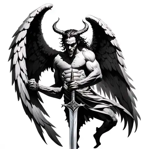 Half Body Male Demon Half Male Angel Holding A Sword