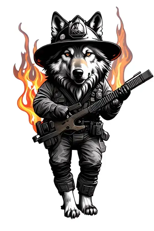 Wolf Dressed As Firefighter Battling Flames