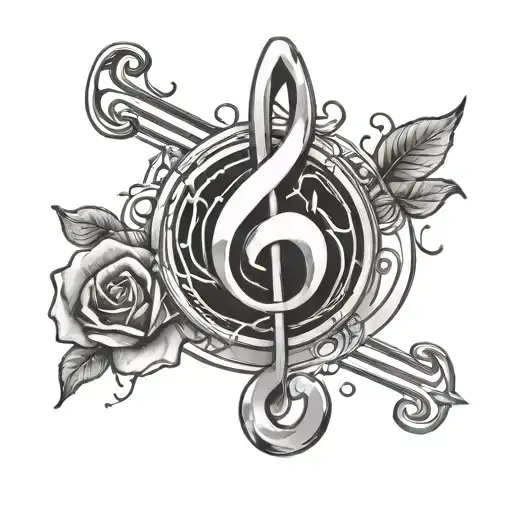 A Tattoo Design Of A Feminist Symbol Intertwined With Art Supplies And Musical Notes