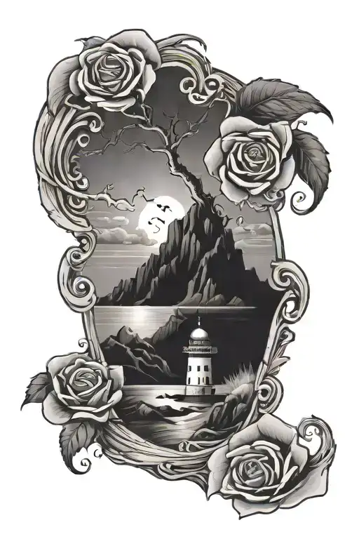 Moonlight Shining On An Island Surrounded By A Storm With A Rose Sitting On A Scroll On A Beach
