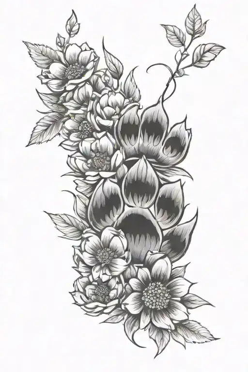 Bear Paws Flowers Delicate Blackwork
