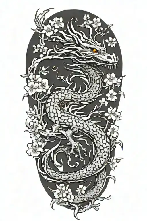 Brush Dragon With Cherry Blossoms Falling