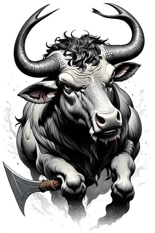 Zodiac Taurus Bull In Battle Using Nordic Axe