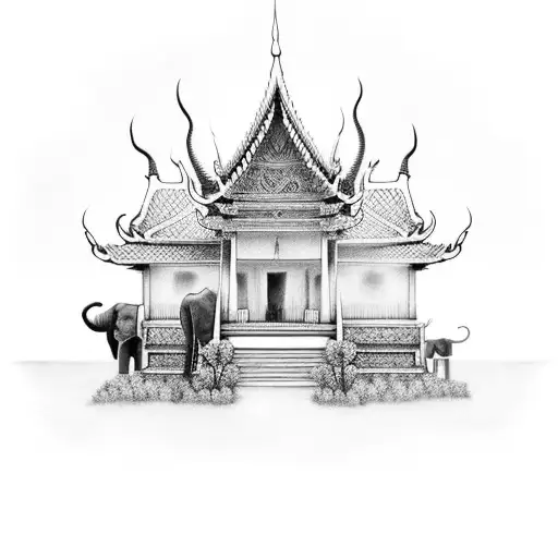 An Intricate Black And Grey Tattoo Of A Traditional Thai Village With Elephants