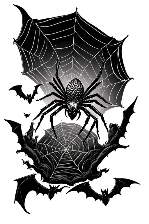 Spider At The Top Of Cob Webs And Bats Stuck In The Web