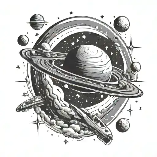 A Simple Cosmic Scene With Planets And Stars And A Space Ship