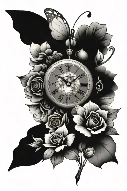 Butterfly Clock And Flowers